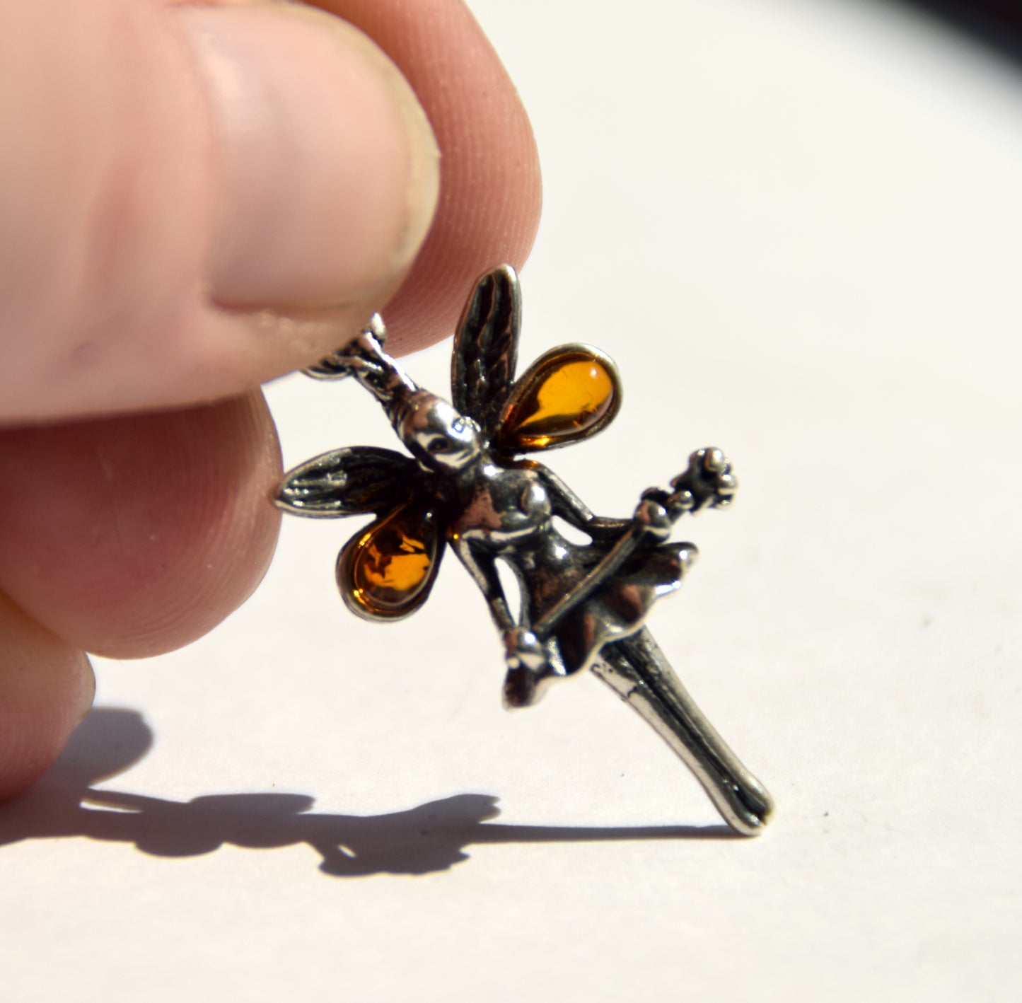 Delicate dancing fairy pendant with natural cognac amber and 925 sterling silver, MJ Baltica, BW296