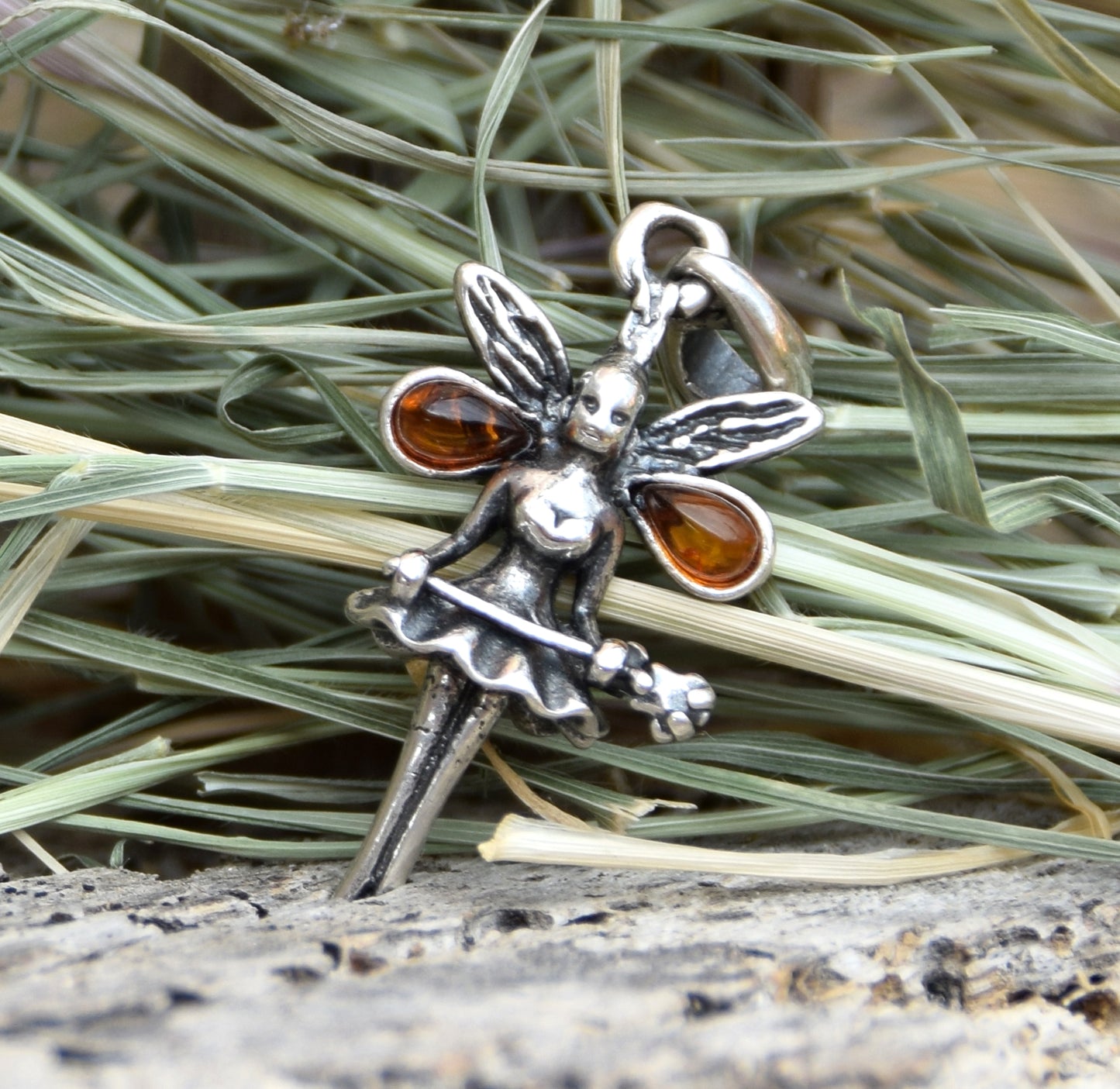 Delicate dancing fairy pendant with natural cognac amber and 925 sterling silver, MJ Baltica, BW296