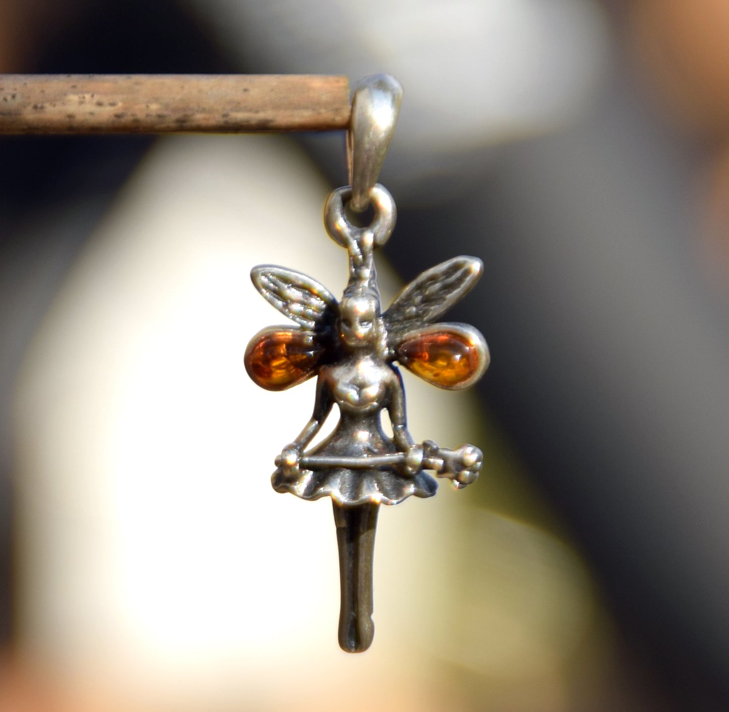 Delicate dancing fairy pendant with natural cognac amber and 925 sterling silver, MJ Baltica, BW296