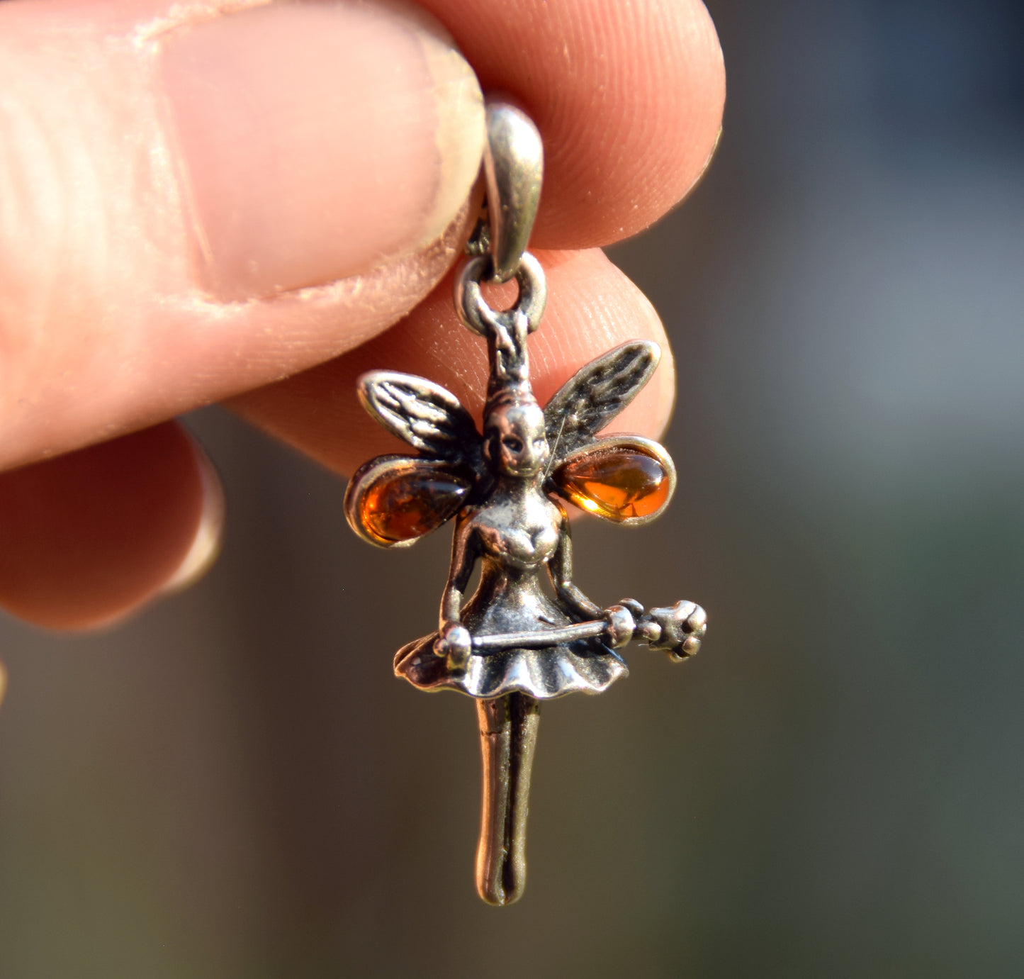 Delicate dancing fairy pendant with natural cognac amber and 925 sterling silver, MJ Baltica, BW296
