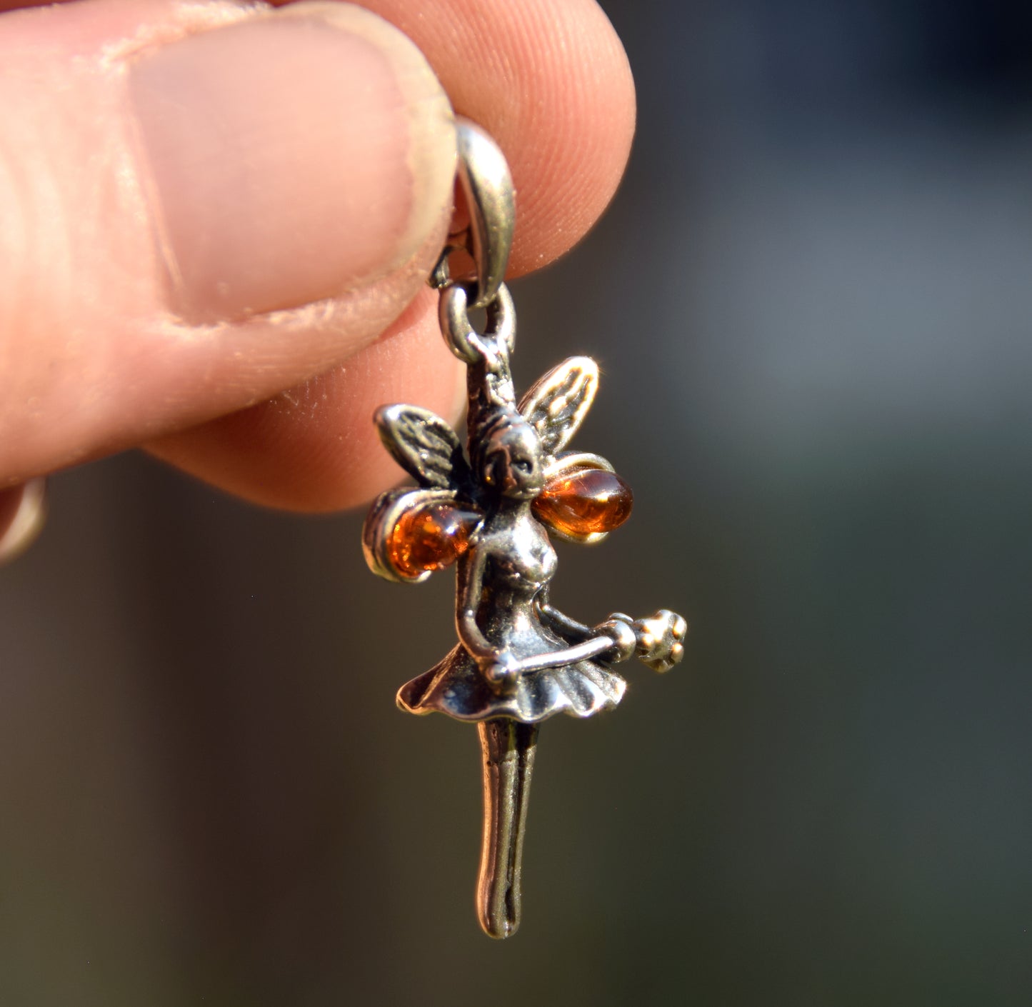 Delicate dancing fairy pendant with natural cognac amber and 925 sterling silver, MJ Baltica, BW296