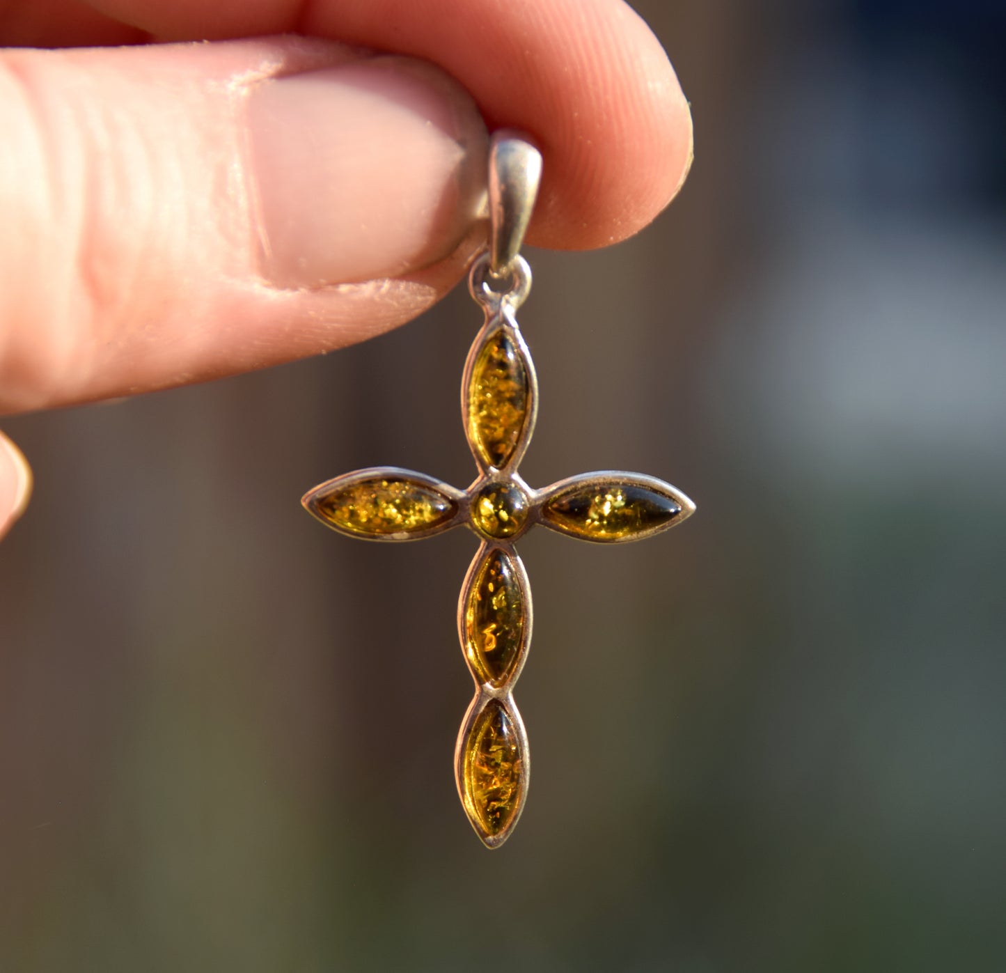 Delicate cross-shaped pendant in natural green Amber and 925 Silver, MJ Baltica, BW297