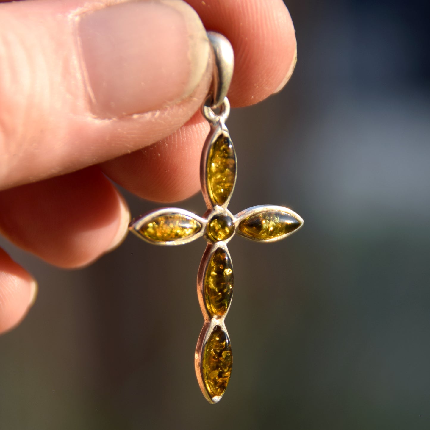 Delicate cross-shaped pendant in natural green Amber and 925 Silver, MJ Baltica, BW297