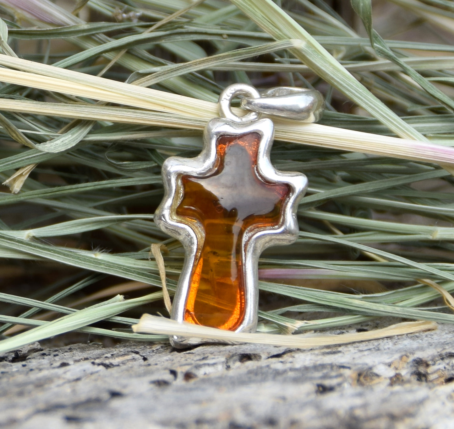 Cognac-colored natural Amber and 925 Sterling Silver carved cross pendant, MJ Baltica, BW298