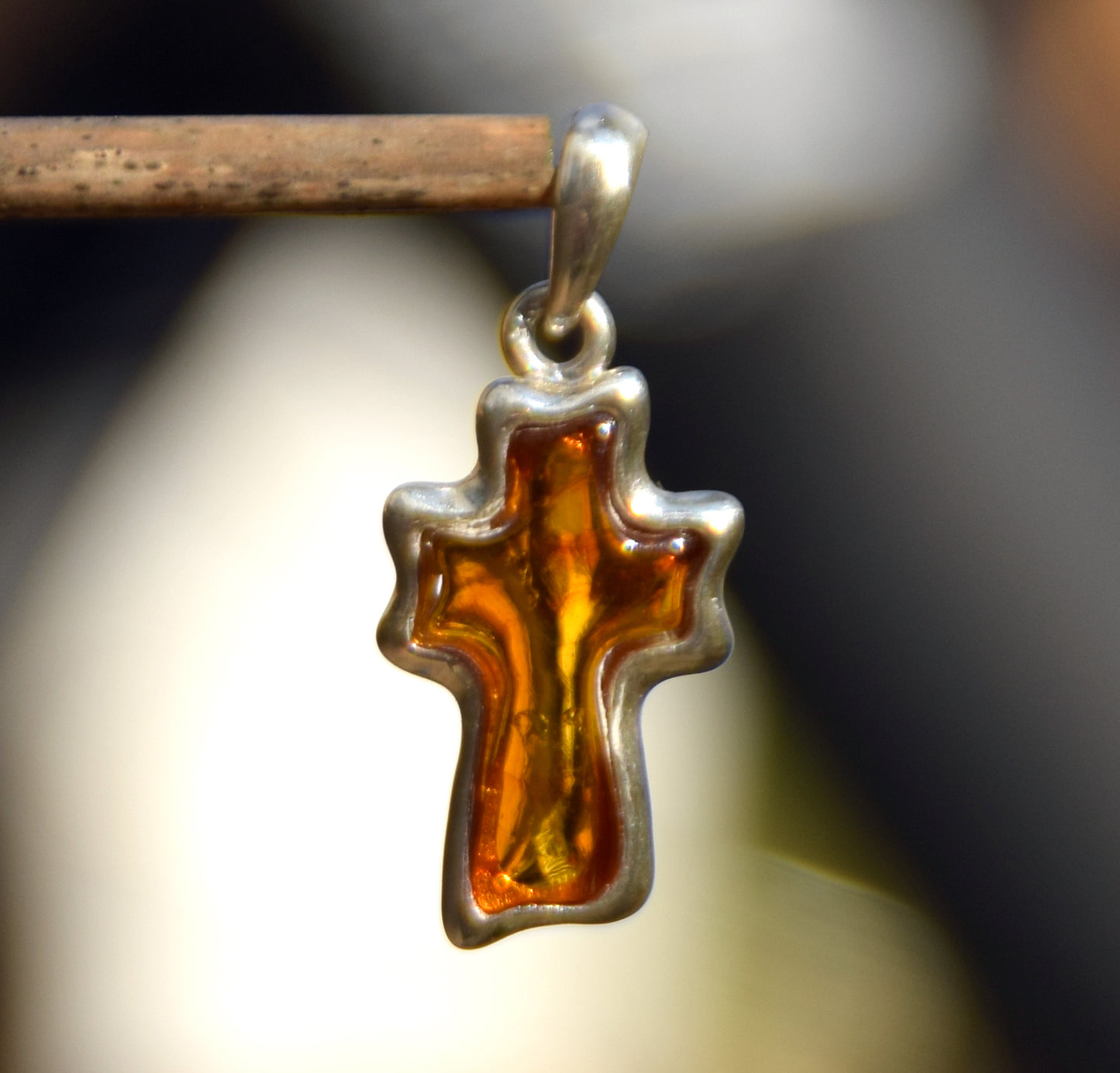 Cognac-colored natural Amber and 925 Sterling Silver carved cross pendant, MJ Baltica, BW298