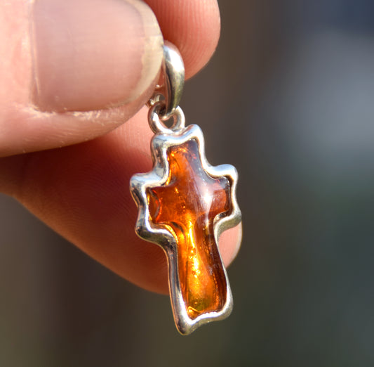 Cognac-colored natural Amber and 925 Sterling Silver carved cross pendant, MJ Baltica, BW298
