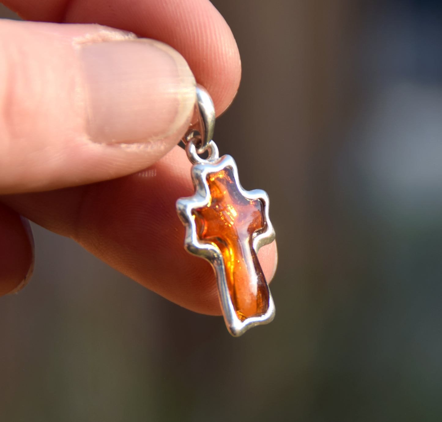 Cognac-colored natural Amber and 925 Sterling Silver carved cross pendant, MJ Baltica, BW298