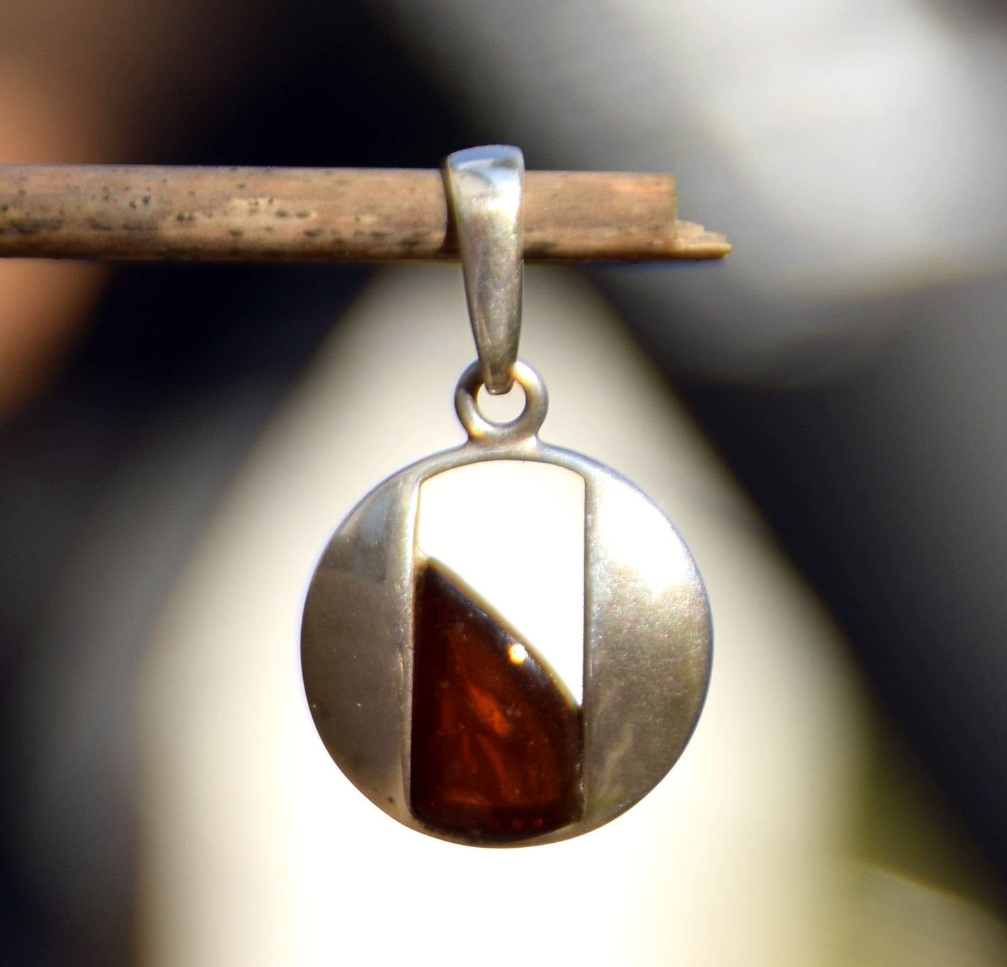Lightweight round pendant with natural brown Amber and 925 Silver, MJ Baltica, BW300