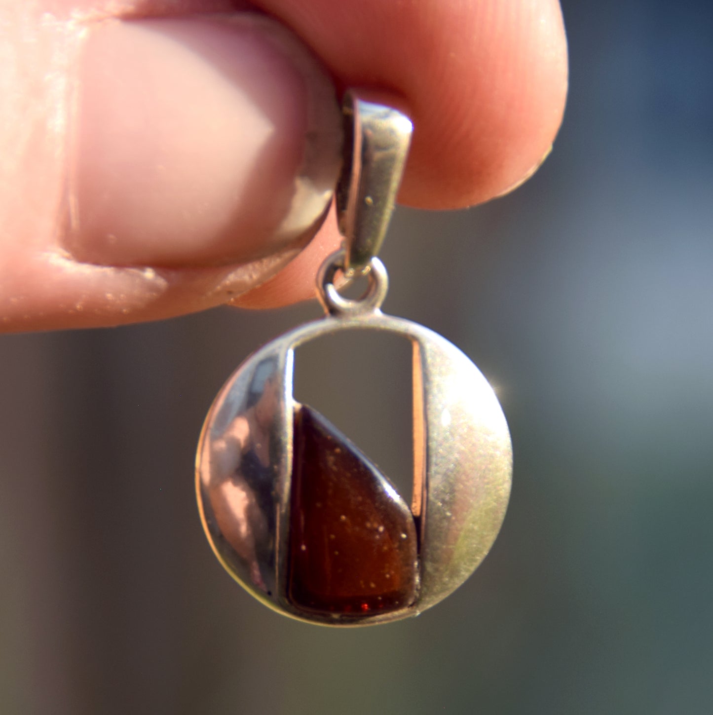Lightweight round pendant with natural brown Amber and 925 Silver, MJ Baltica, BW300