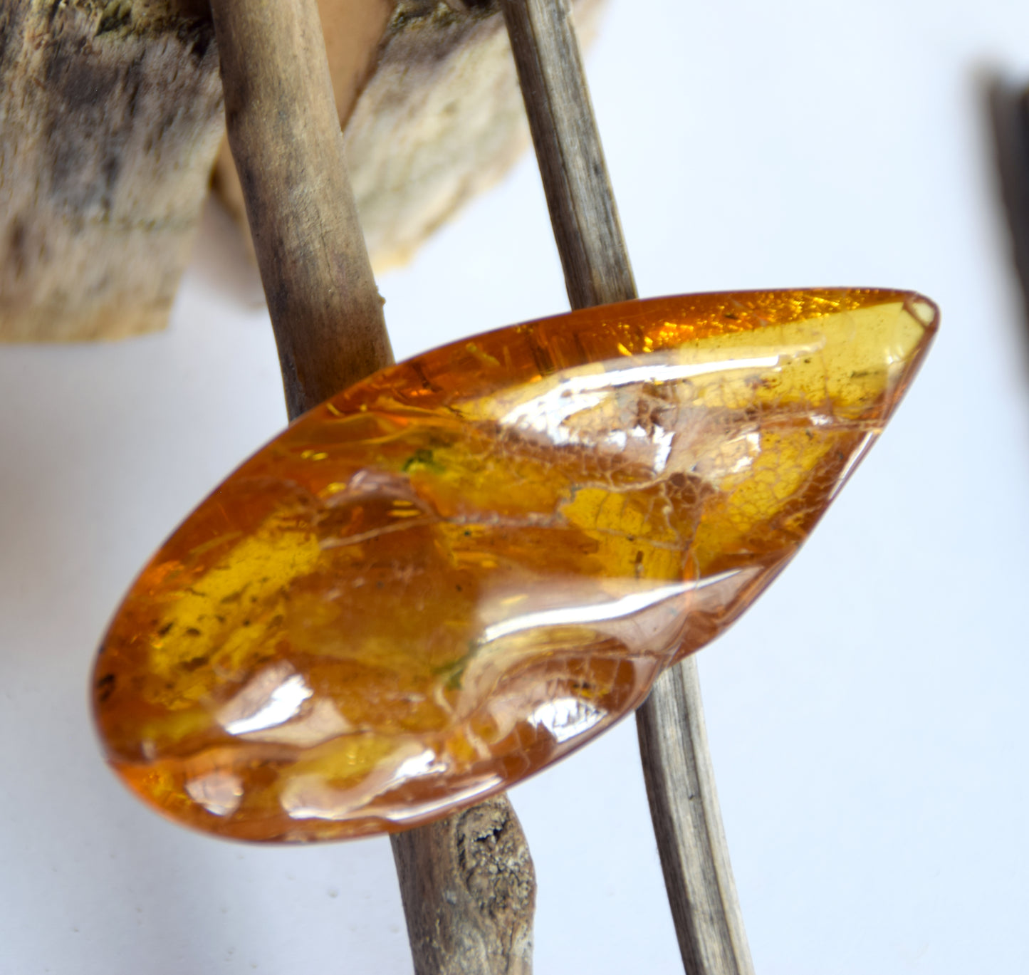 Large natural drop-shaped Amber gemstone with fossil inclusions from a collection, MJ Baltica, BW301
