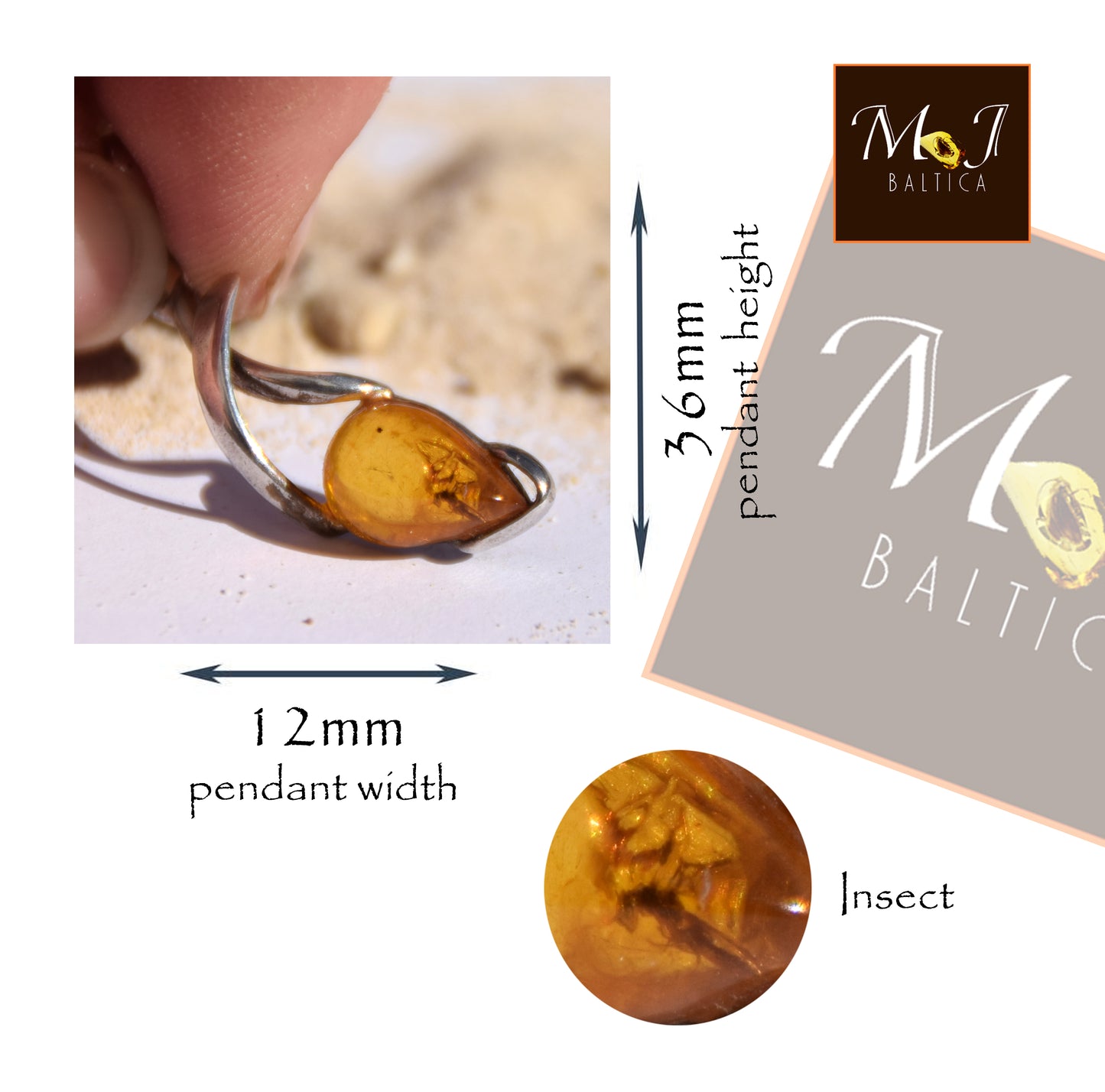 Ciondolo con la gemma di Ambra baltica Naturale con le inclusioni fossili da collezione, MJ Baltica, BW305