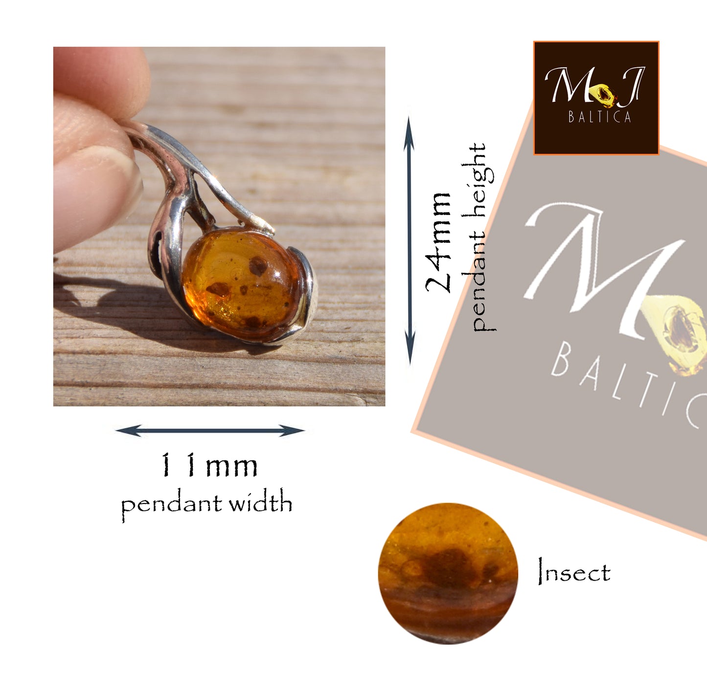 Natural Baltic Amber Pendant with Fossil Inclusions, MJ Baltica, BW306