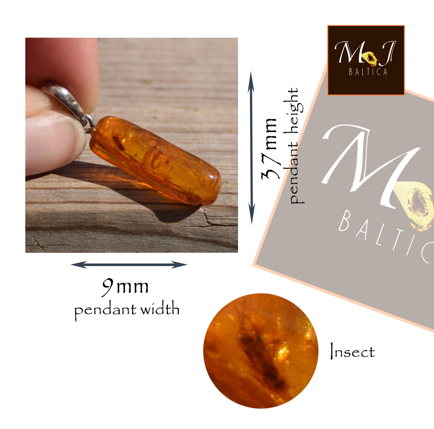 Pendant with Natural Baltic Amber Gemstone with Fossil Inclusions, MJ Baltica, BW307