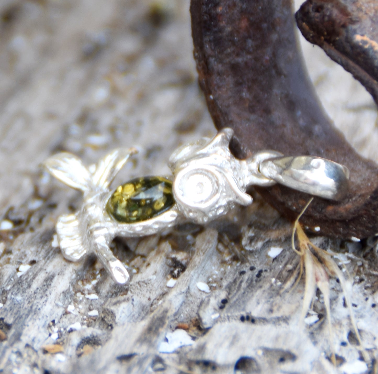 Delicate lucky owl pendant with natural green amber and 925 sterling silver, MJ Baltica, BW311