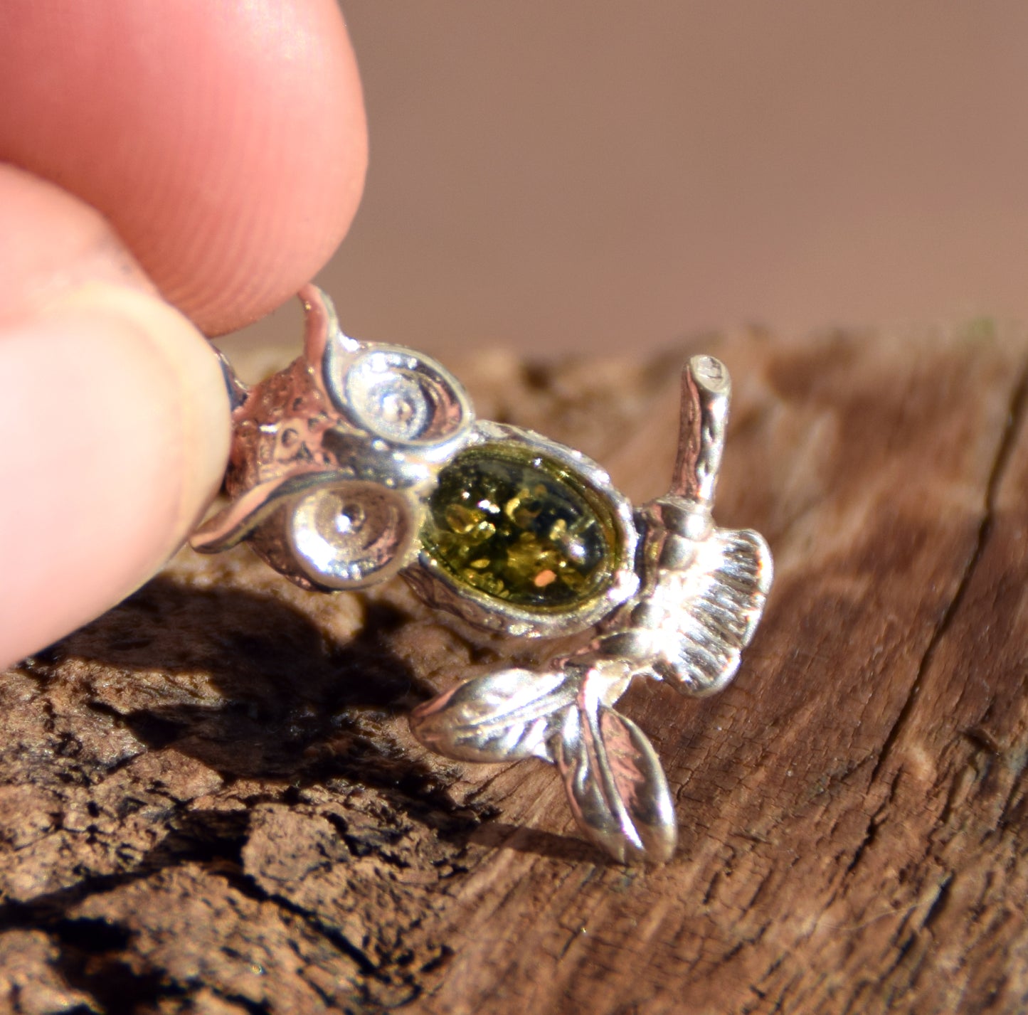 Delicate lucky owl pendant with natural green amber and 925 sterling silver, MJ Baltica, BW311
