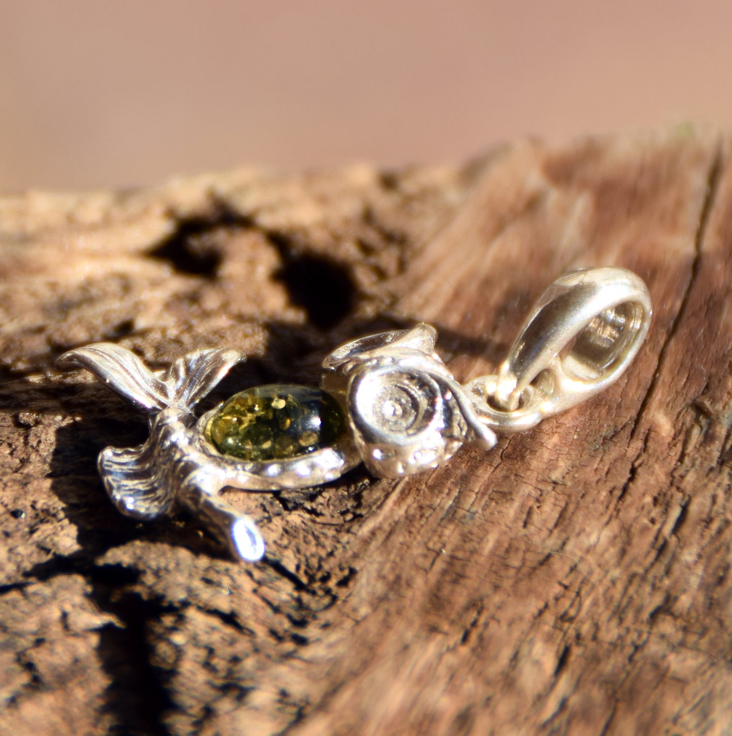 Delicate lucky owl pendant with natural green amber and 925 sterling silver, MJ Baltica, BW311