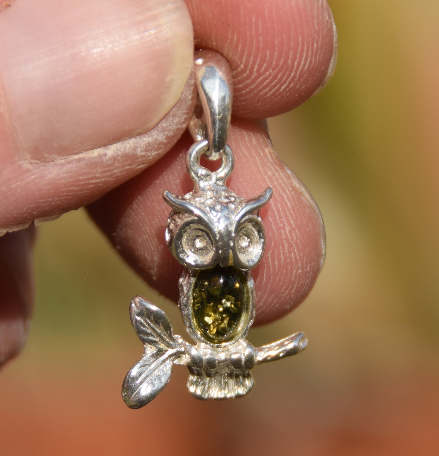 Delicate lucky owl pendant with natural green amber and 925 sterling silver, MJ Baltica, BW311
