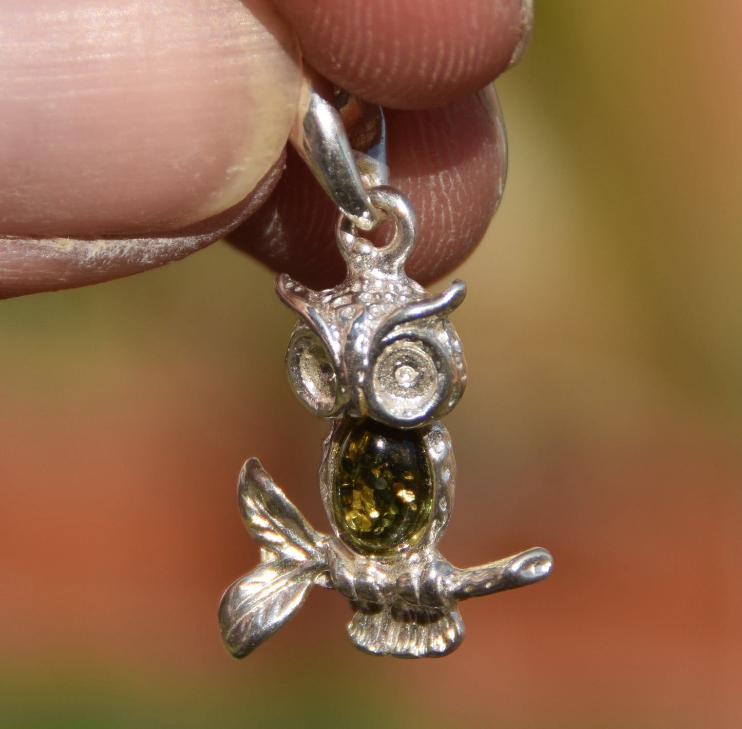 Delicate lucky owl pendant with natural green amber and 925 sterling silver, MJ Baltica, BW311