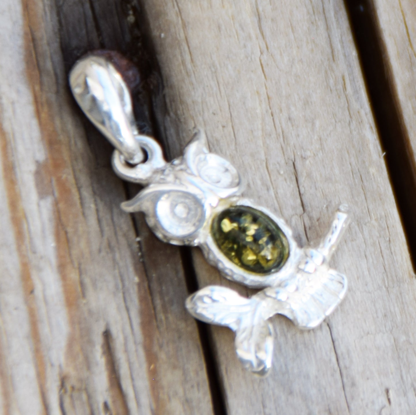 Delicate lucky owl pendant with natural green amber and 925 sterling silver, MJ Baltica, BW311