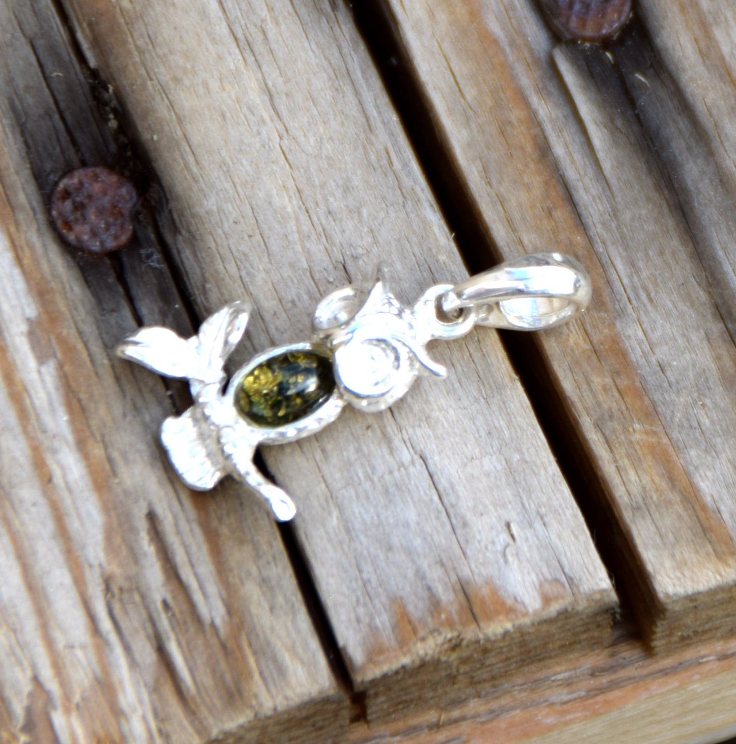 Delicate lucky owl pendant with natural green amber and 925 sterling silver, MJ Baltica, BW311