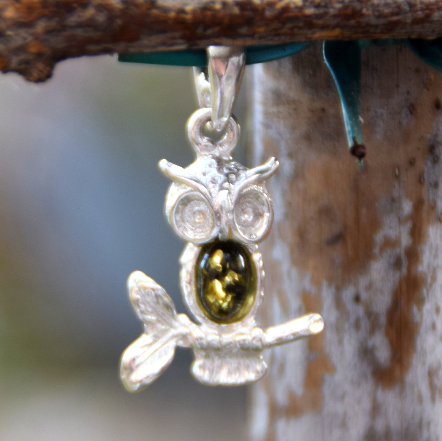 Delicate lucky owl pendant with natural green amber and 925 sterling silver, MJ Baltica, BW311