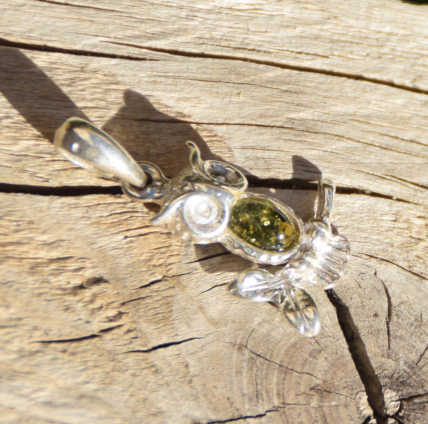 Delicate lucky owl pendant with natural green amber and 925 sterling silver, MJ Baltica, BW311