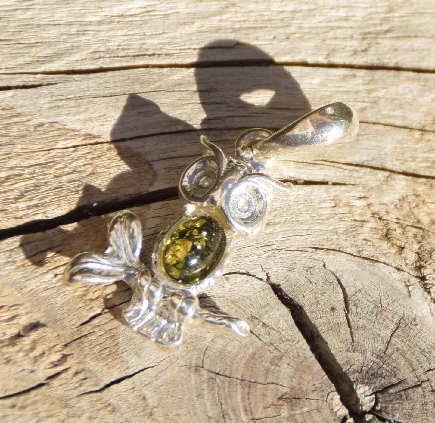 Delicate lucky owl pendant with natural green amber and 925 sterling silver, MJ Baltica, BW311