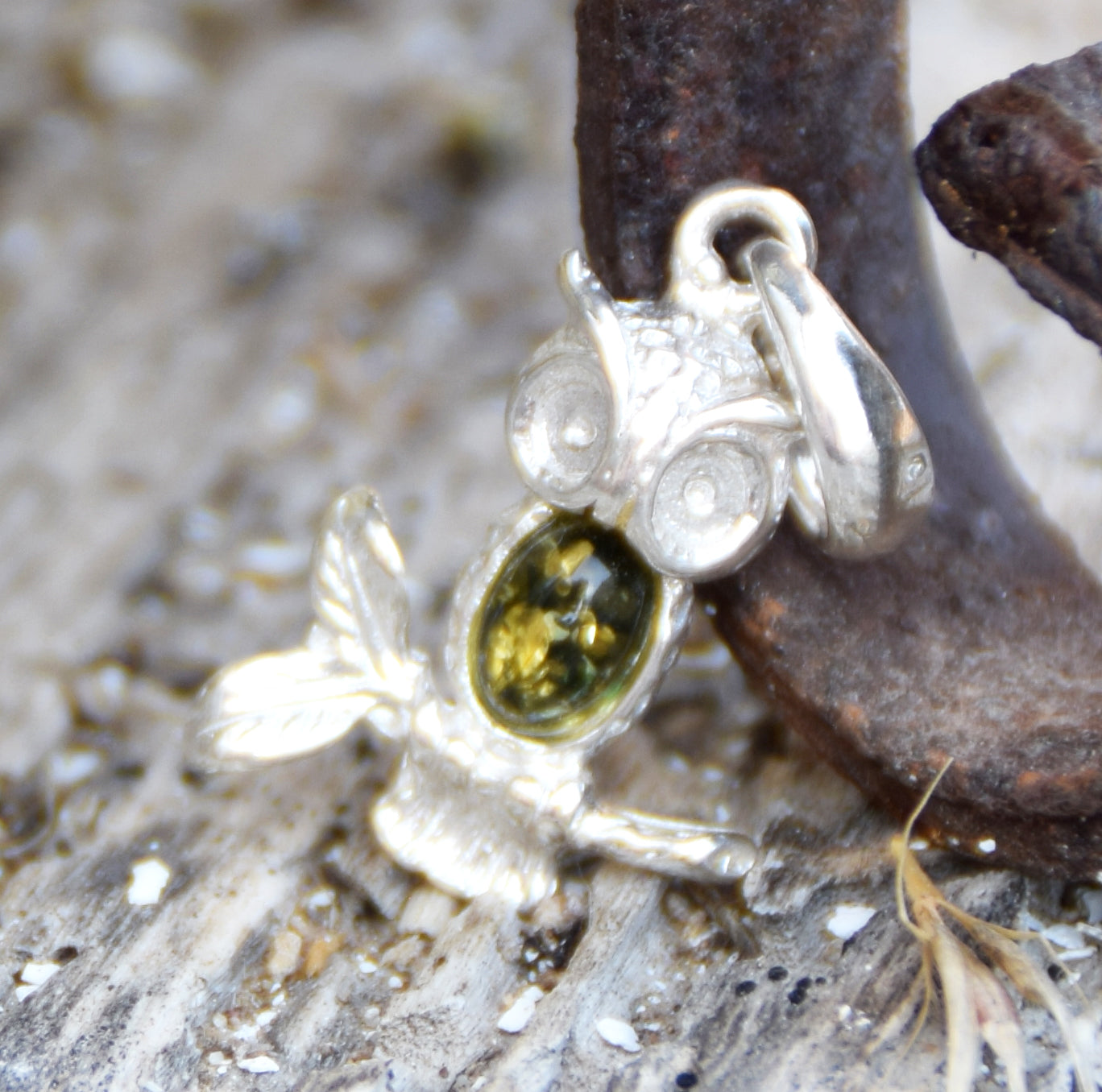 Delicate lucky owl pendant with natural green amber and 925 sterling silver, MJ Baltica, BW311