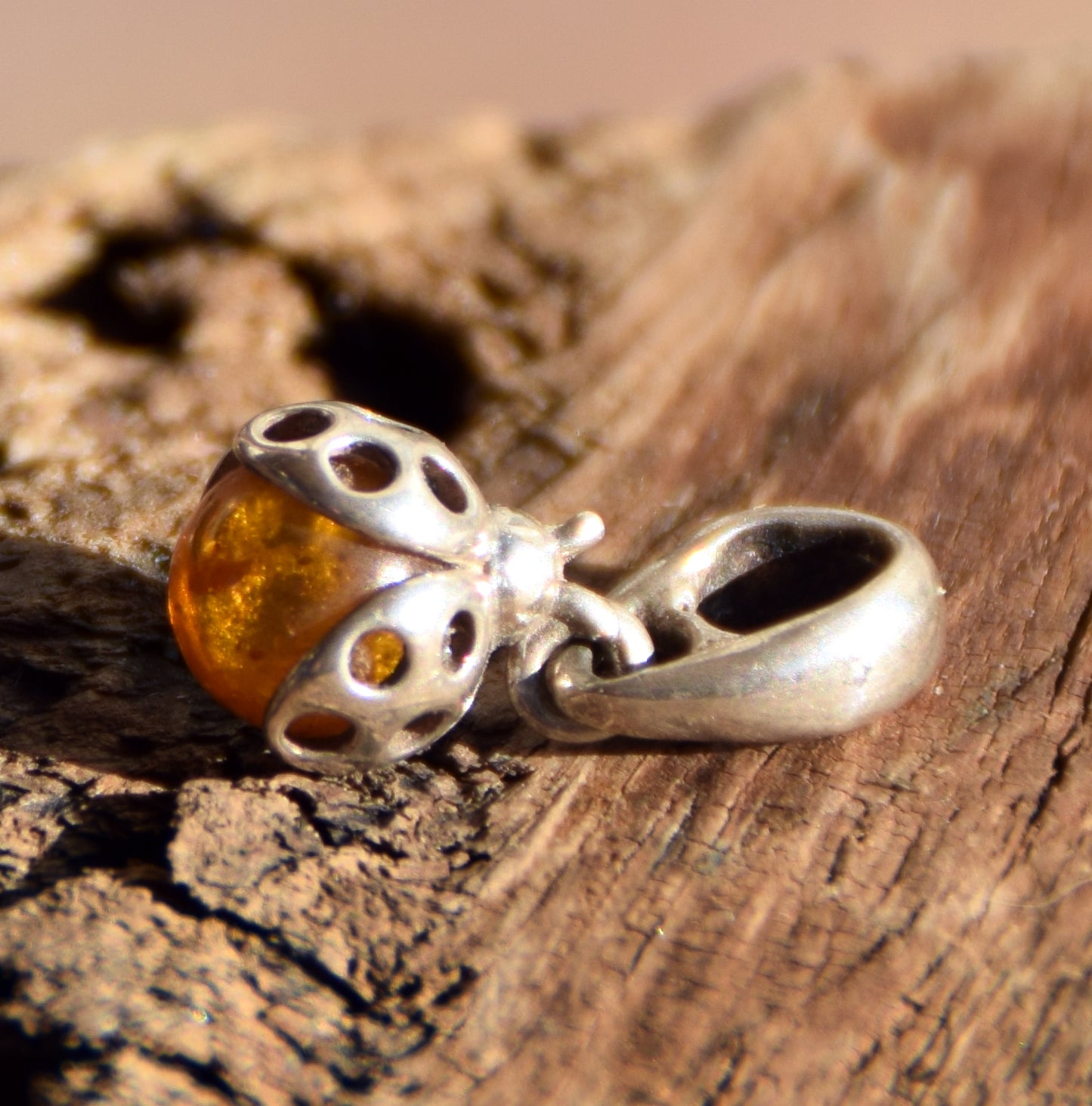 Delicate ladybug good luck charm pendant in natural cognac Amber and 925 Silver, MJ Baltica, BW312