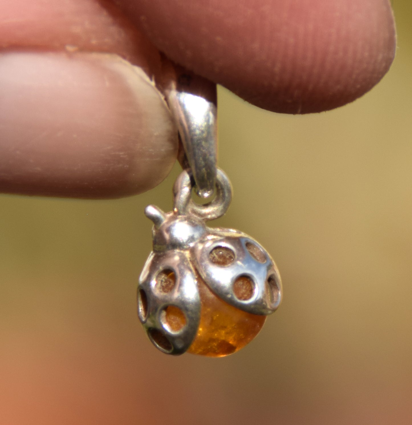 Delicate ladybug good luck charm pendant in natural cognac Amber and 925 Silver, MJ Baltica, BW312