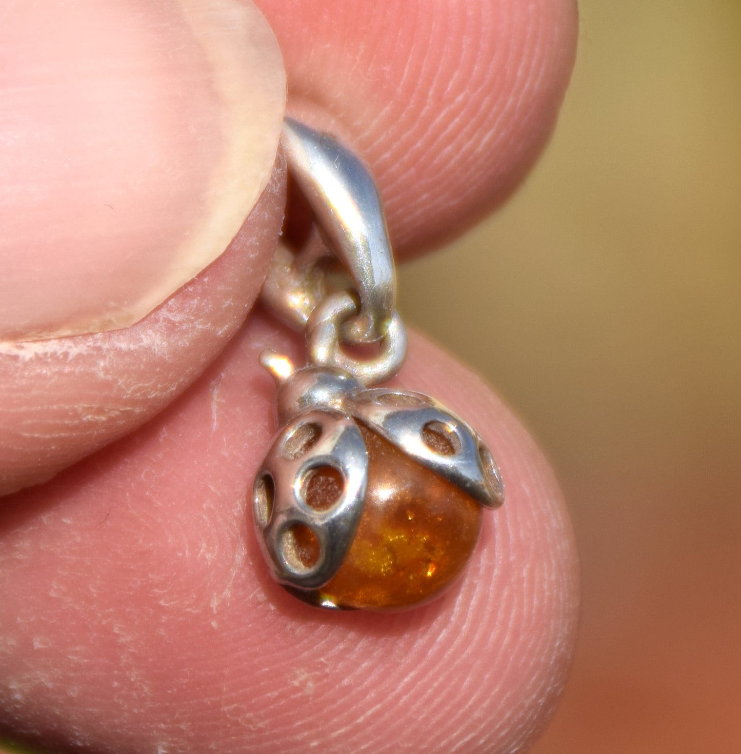 Delicate ladybug good luck charm pendant in natural cognac Amber and 925 Silver, MJ Baltica, BW312
