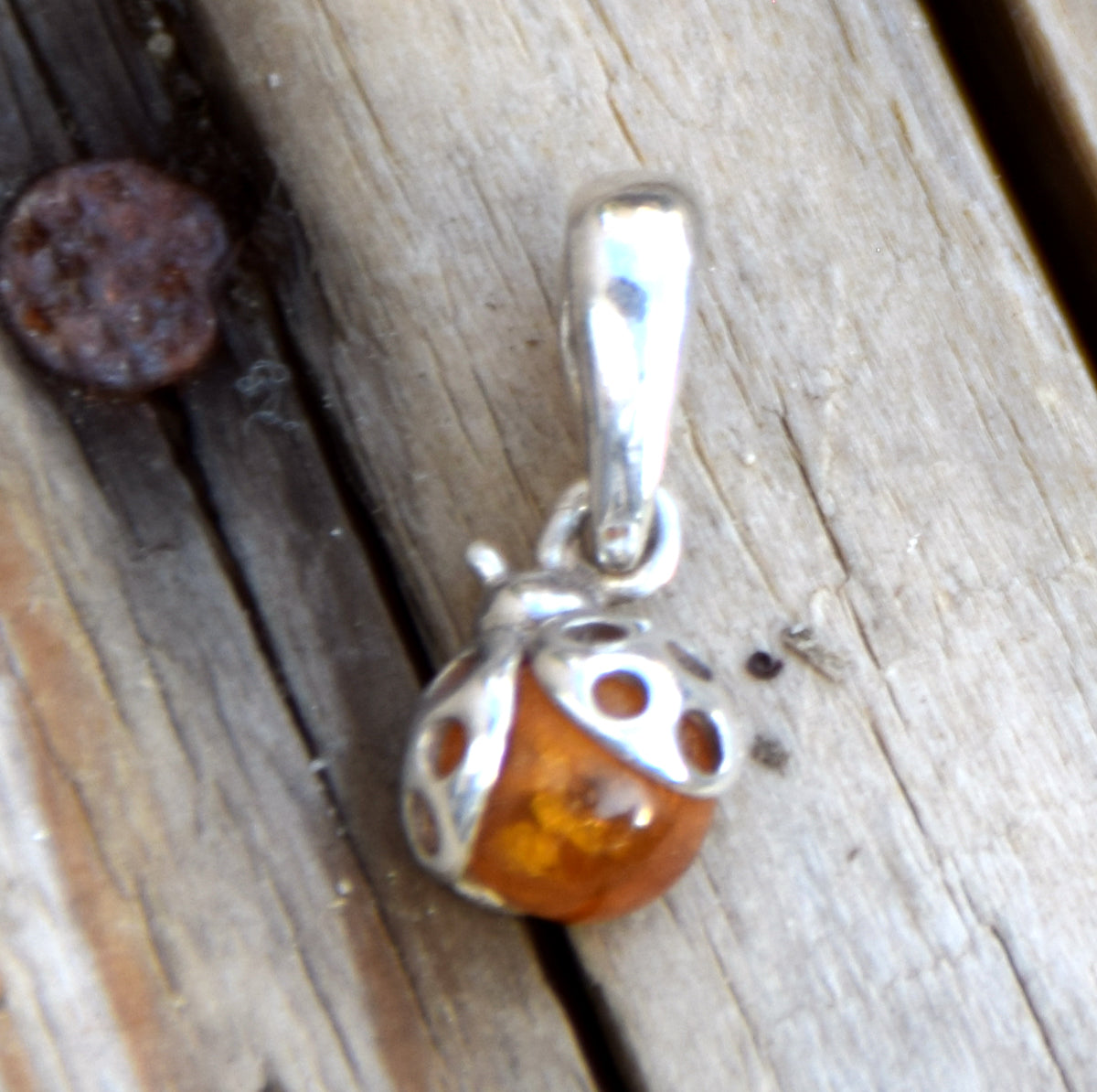 Delicate ladybug good luck charm pendant in natural cognac Amber and 925 Silver, MJ Baltica, BW312