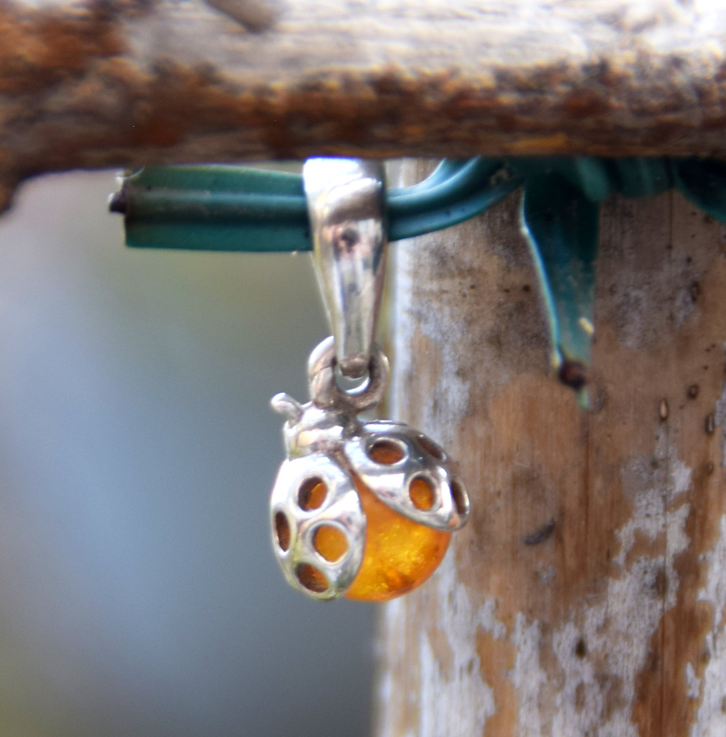 Delicate ladybug good luck charm pendant in natural cognac Amber and 925 Silver, MJ Baltica, BW312