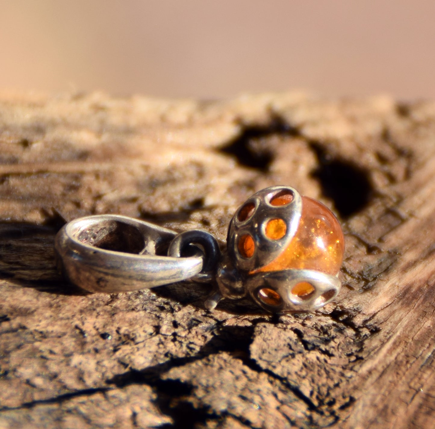 Delicate ladybug good luck charm pendant in natural cognac Amber and 925 Silver, MJ Baltica, BW312