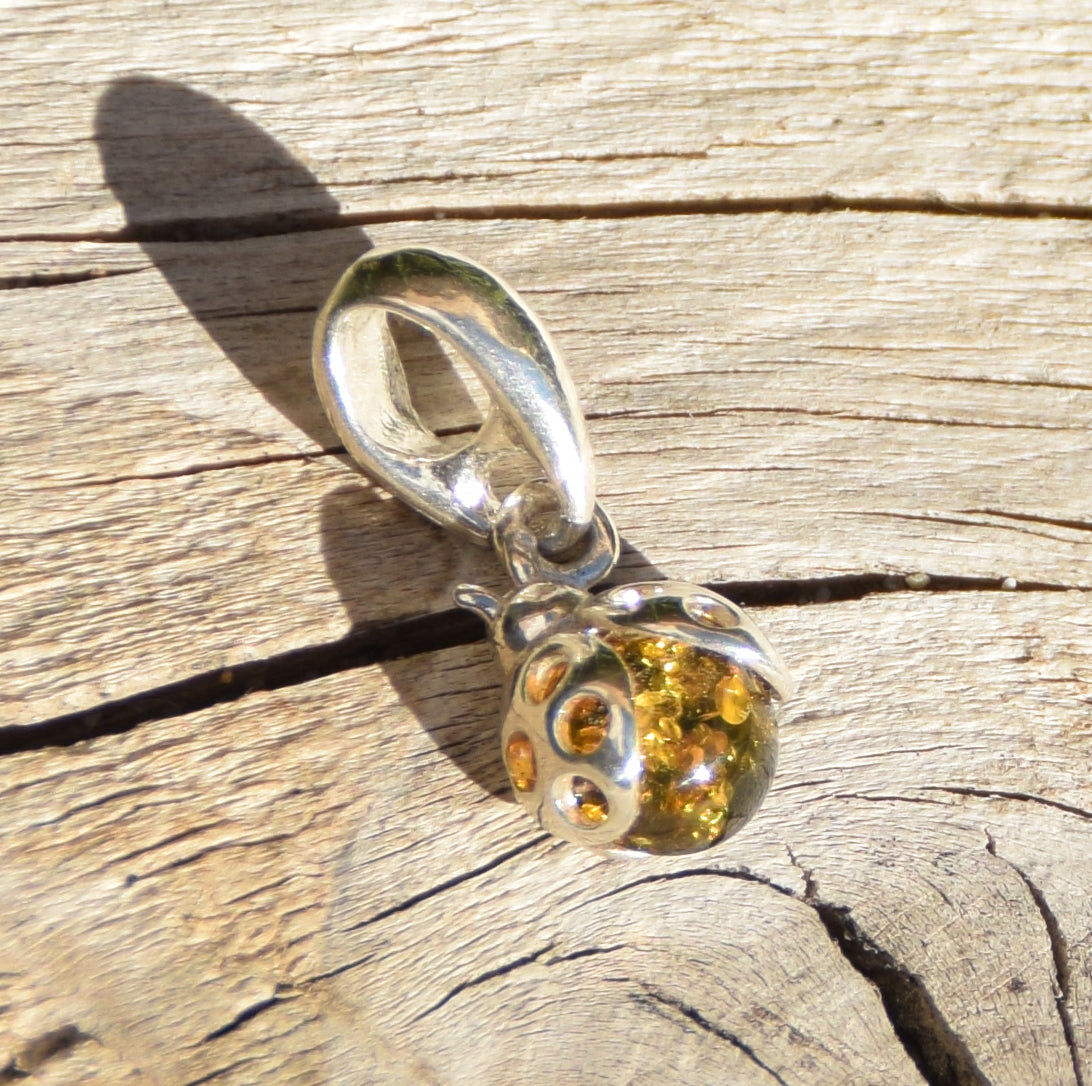 Delicate ladybug good luck charm pendant with natural green Amber and 925 Silver, MJ Baltica, BW314