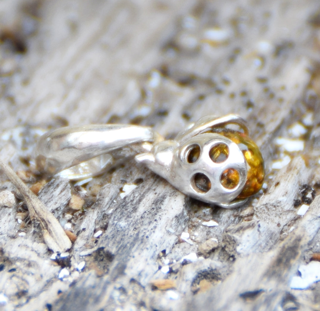Delicate ladybug good luck charm pendant with natural green Amber and 925 Silver, MJ Baltica, BW314