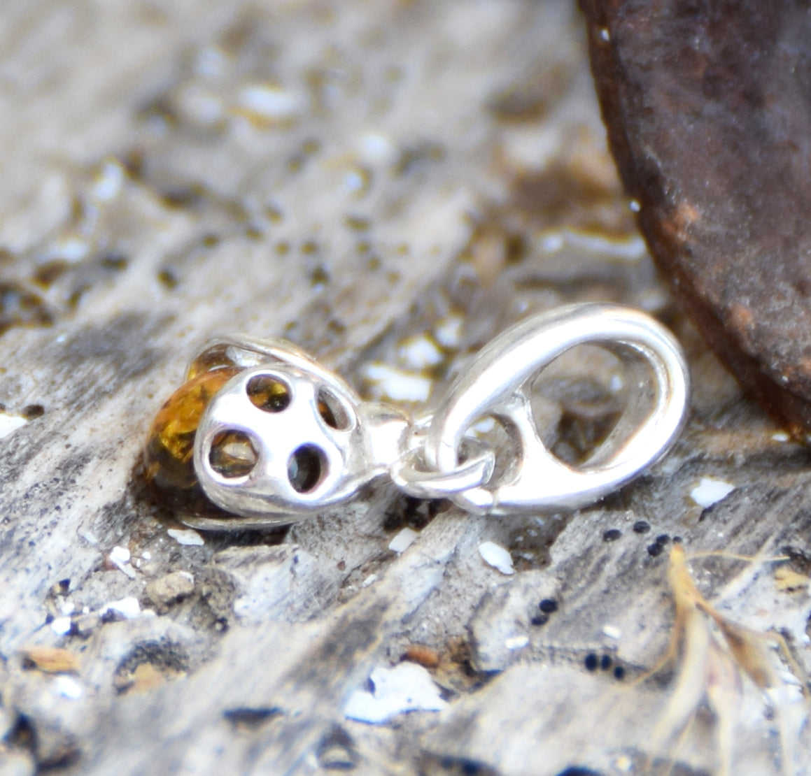 Delicate ladybug good luck charm pendant with natural green Amber and 925 Silver, MJ Baltica, BW314