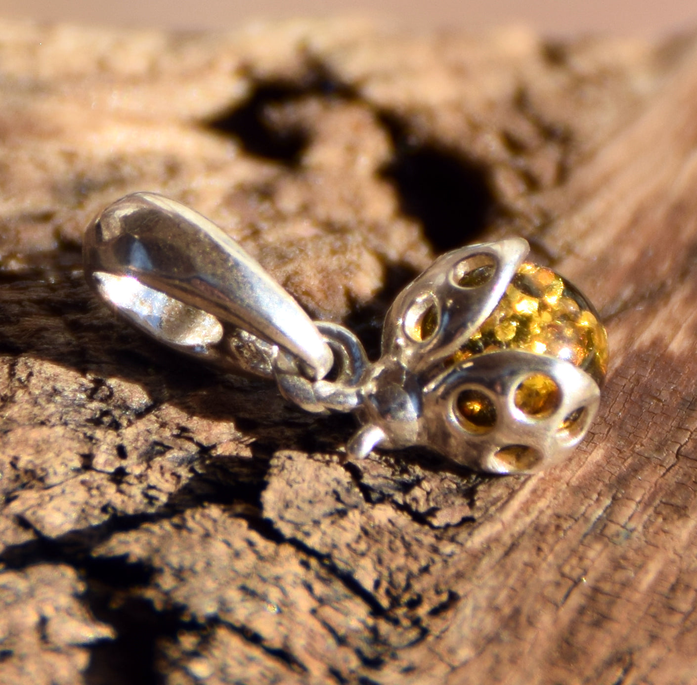 Delicate ladybug good luck charm pendant with natural green Amber and 925 Silver, MJ Baltica, BW314