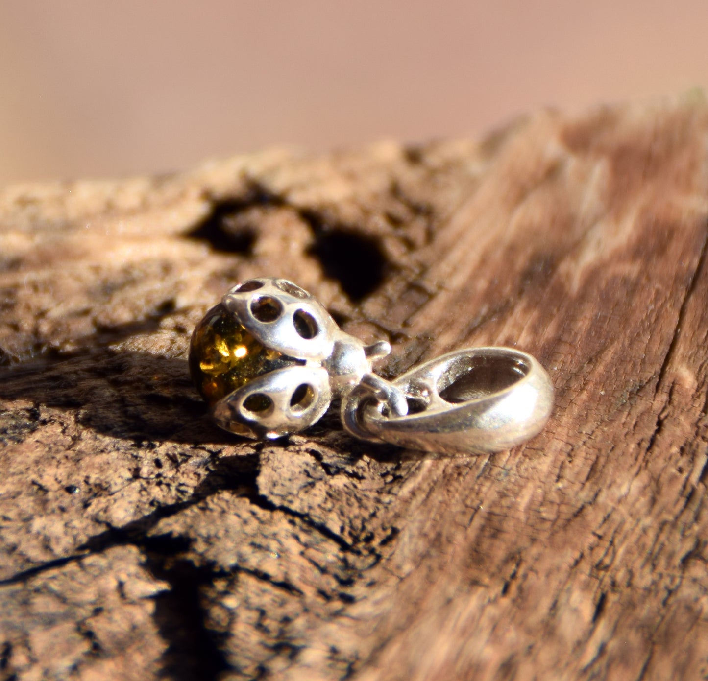 Delicate ladybug good luck charm pendant with natural green Amber and 925 Silver, MJ Baltica, BW314