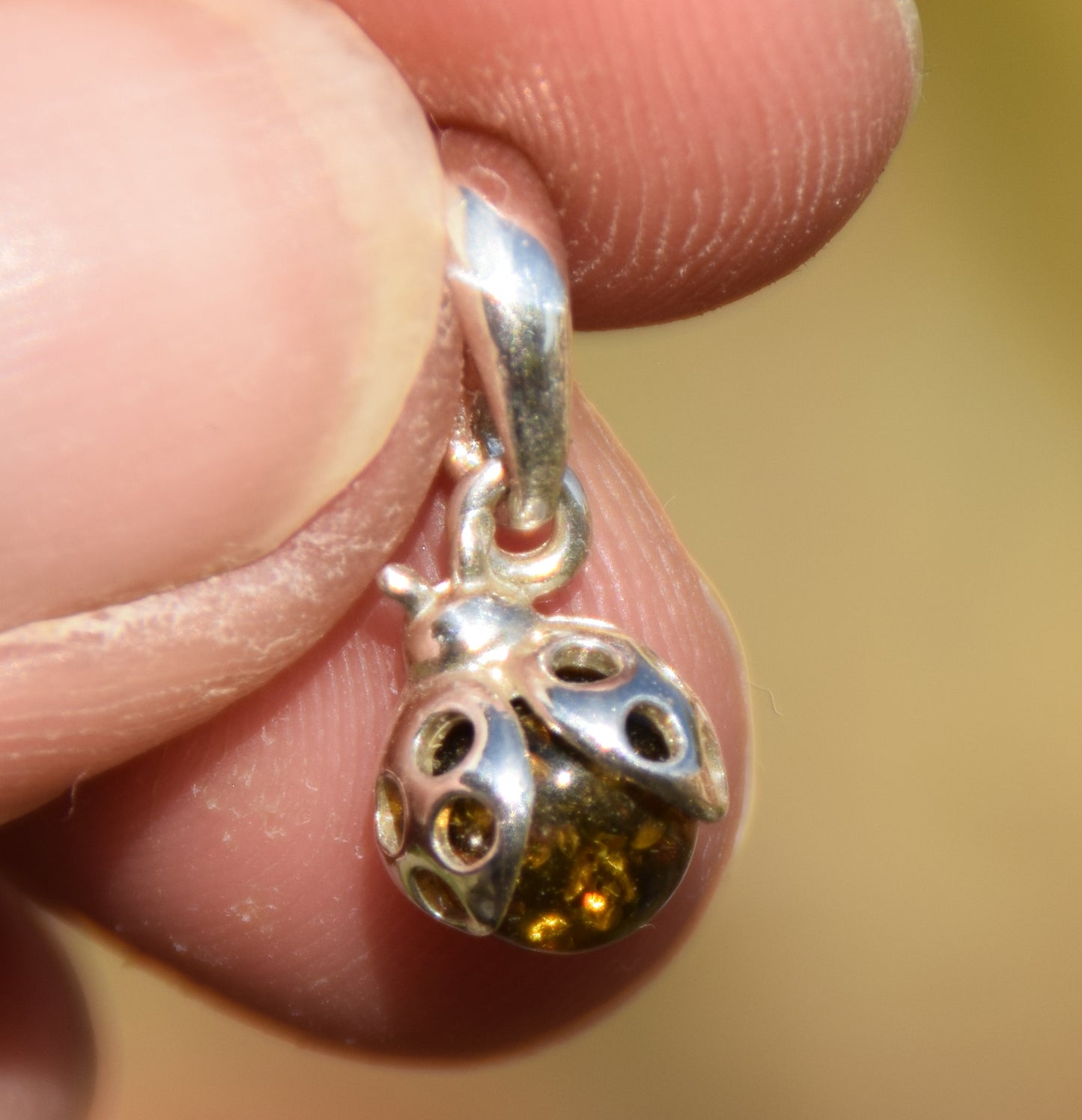 Delicate ladybug good luck charm pendant with natural green Amber and 925 Silver, MJ Baltica, BW314