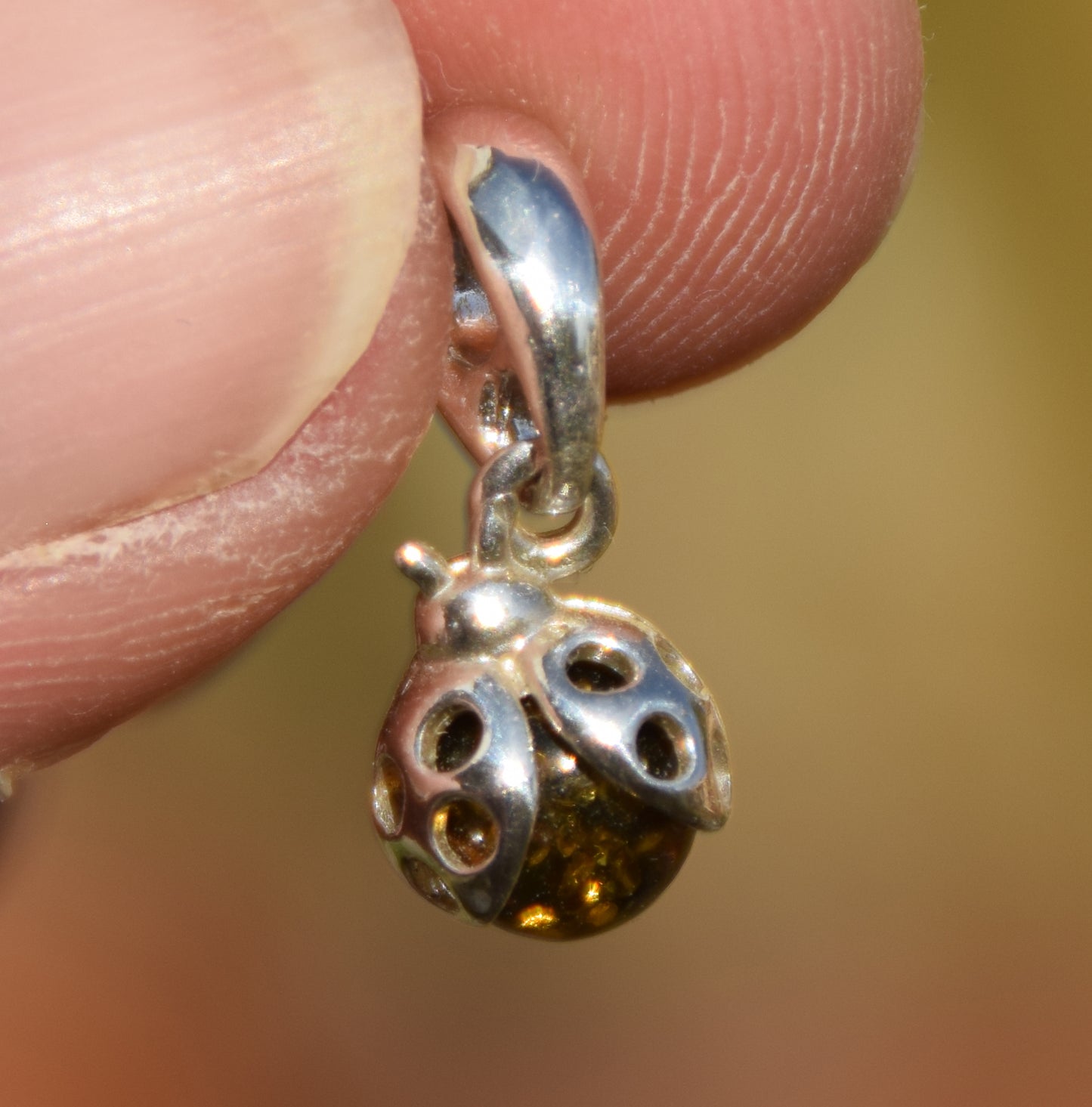 Delicate ladybug good luck charm pendant with natural green Amber and 925 Silver, MJ Baltica, BW314