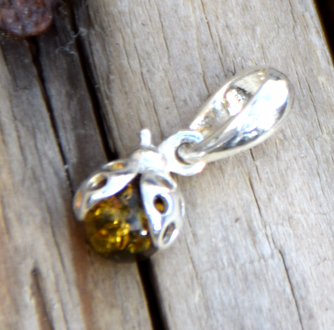 Delicate ladybug good luck charm pendant with natural green Amber and 925 Silver, MJ Baltica, BW314