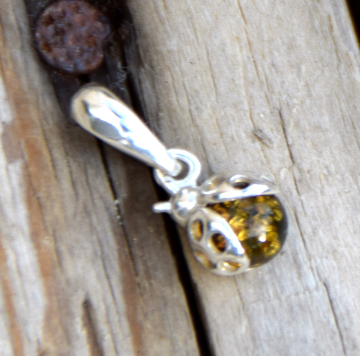 Delicate ladybug good luck charm pendant with natural green Amber and 925 Silver, MJ Baltica, BW314