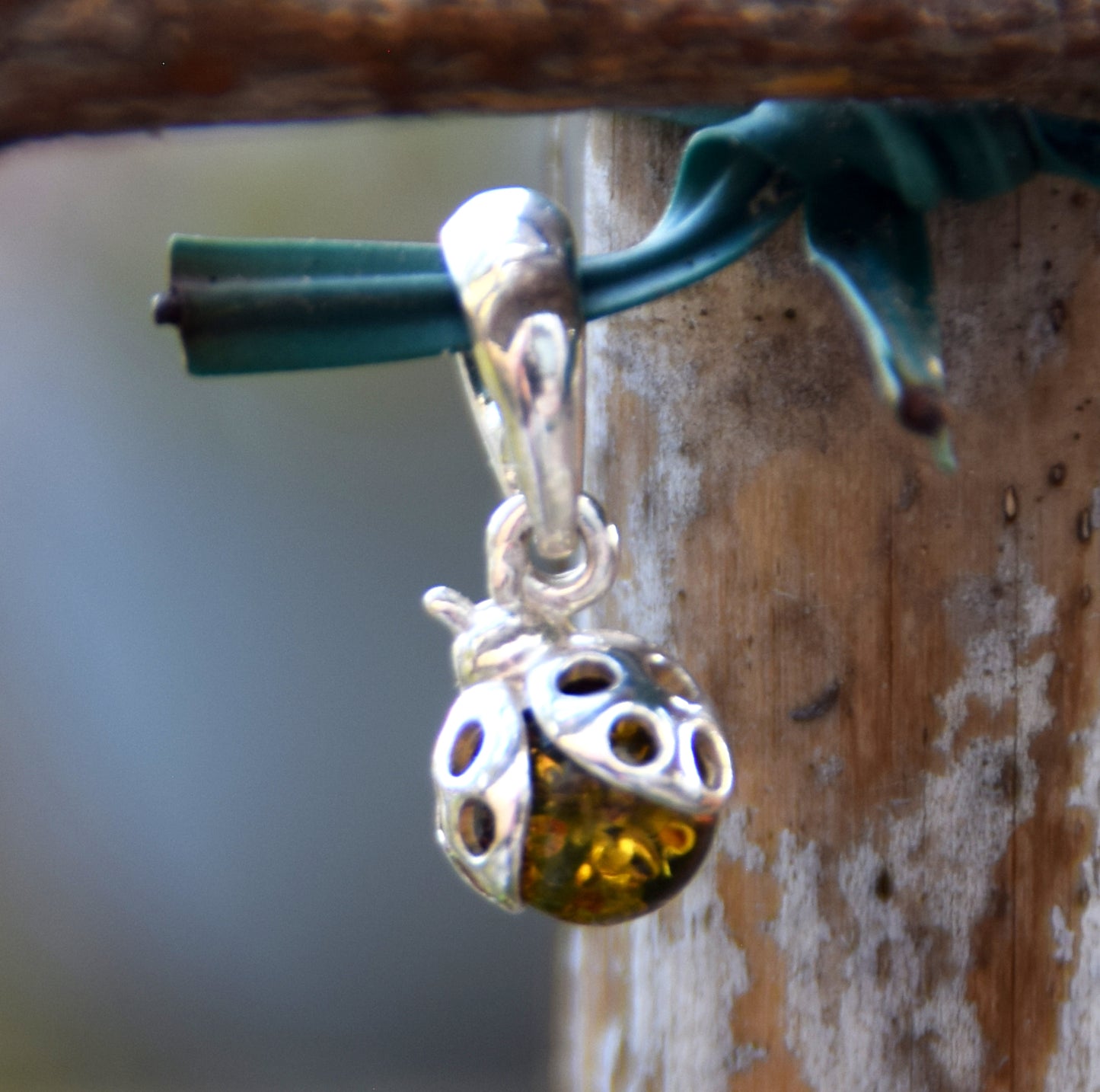 Delicate ladybug good luck charm pendant with natural green Amber and 925 Silver, MJ Baltica, BW314