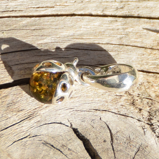 Delicate ladybug good luck charm pendant with natural green Amber and 925 Silver, MJ Baltica, BW314