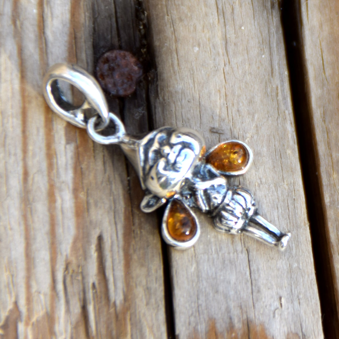 Delicate pendant with forest gnome in cognac natural Amber and 925 Silver, MJ Baltica, BW317