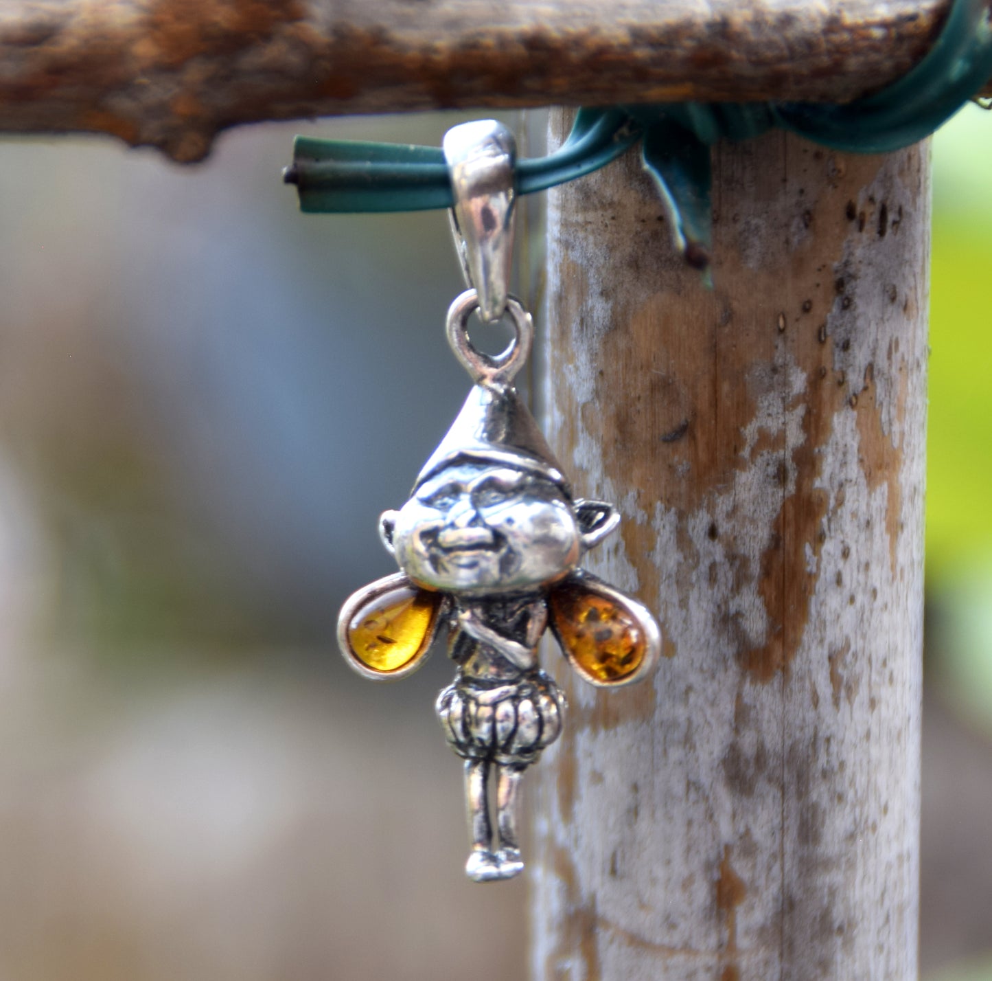 Delicate pendant with forest gnome in cognac natural Amber and 925 Silver, MJ Baltica, BW317