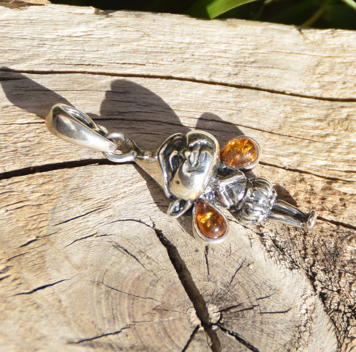 Delicate pendant with forest gnome in cognac natural Amber and 925 Silver, MJ Baltica, BW317