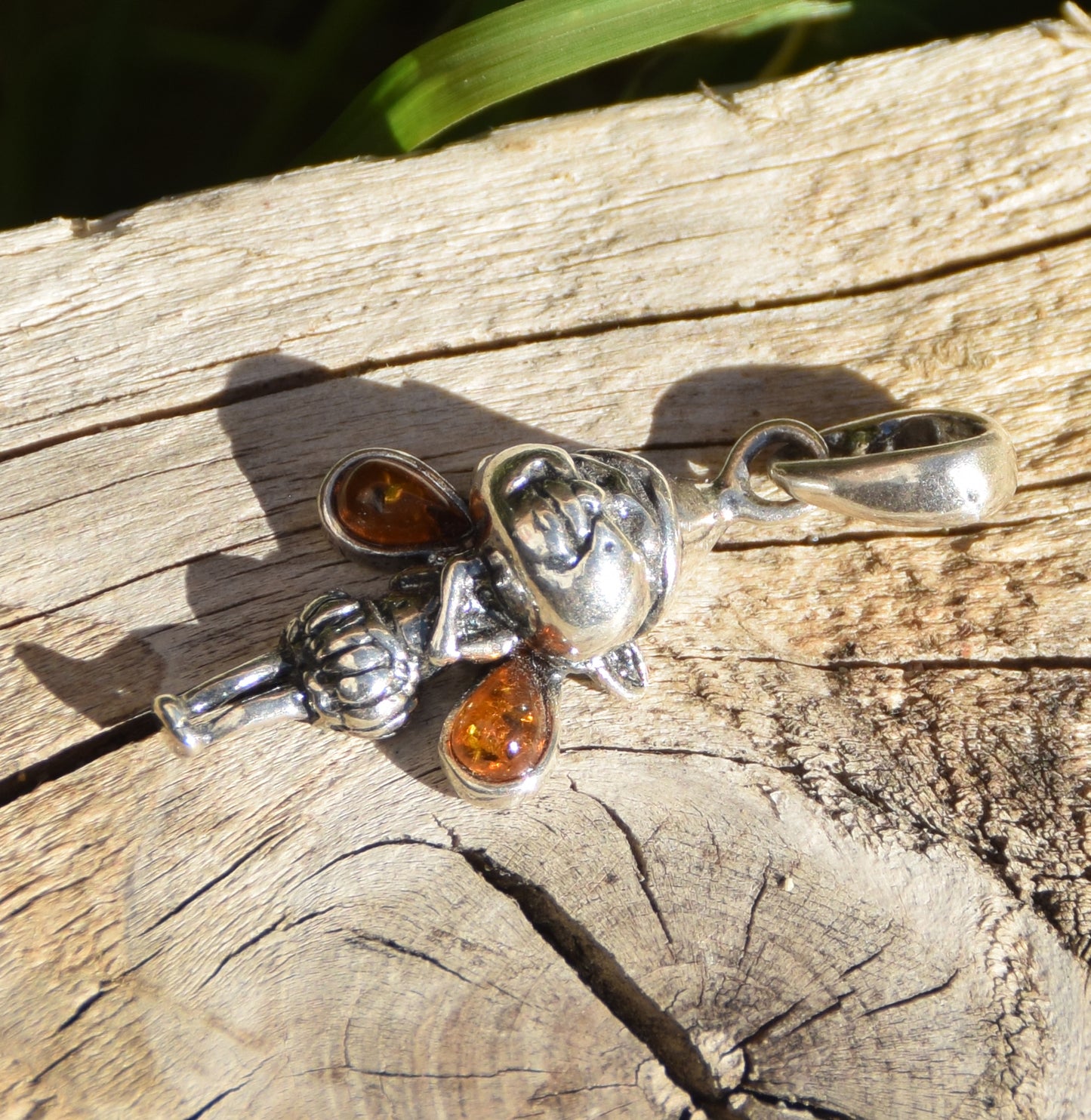 Delicate pendant with forest gnome in cognac natural Amber and 925 Silver, MJ Baltica, BW317