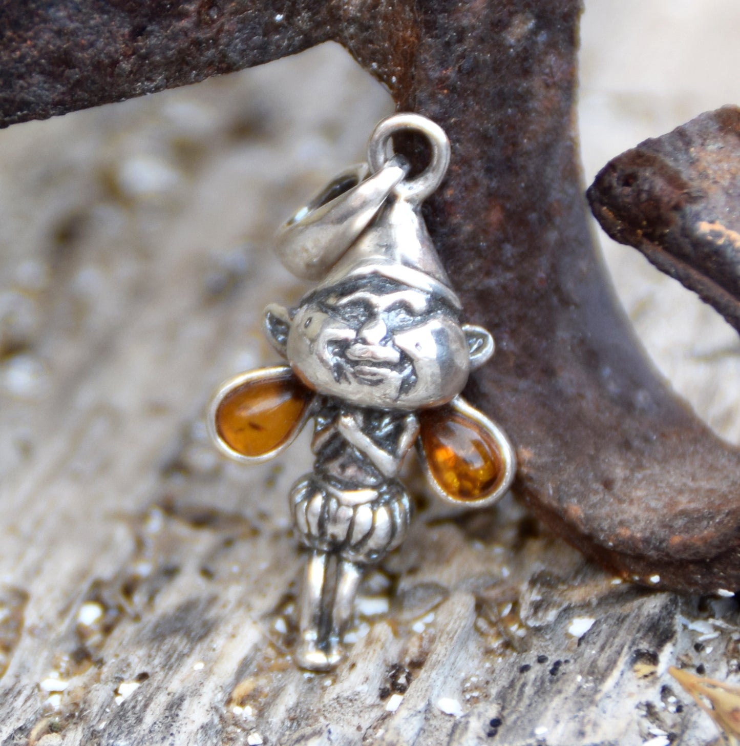 Delicate pendant with forest gnome in cognac natural Amber and 925 Silver, MJ Baltica, BW317
